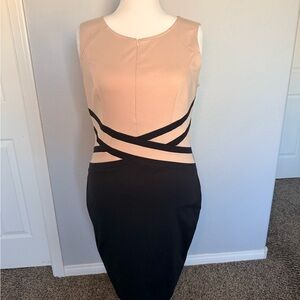 Chic Tan and Black Midi Dress